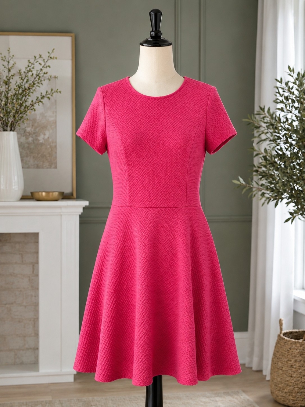 LOFT Pink Fit & Flare Dress Textured Cotton Stretch Barbiecore Wedding Guest Car